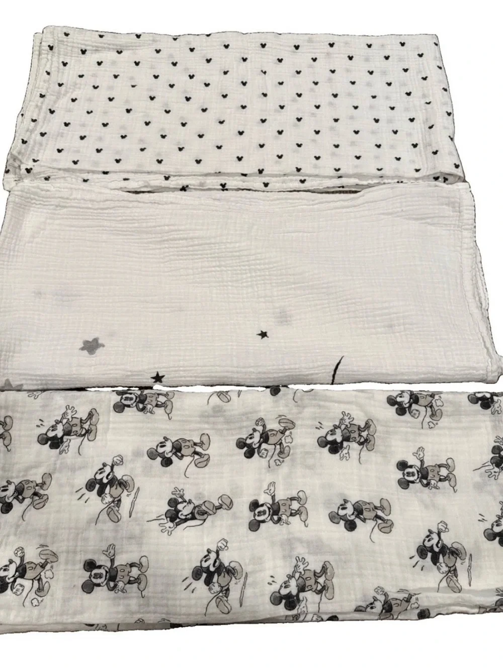 Pottery Barn Kids Disney Mickey Mouse Organic Cotton Muslin Blankets 3pc HTF
